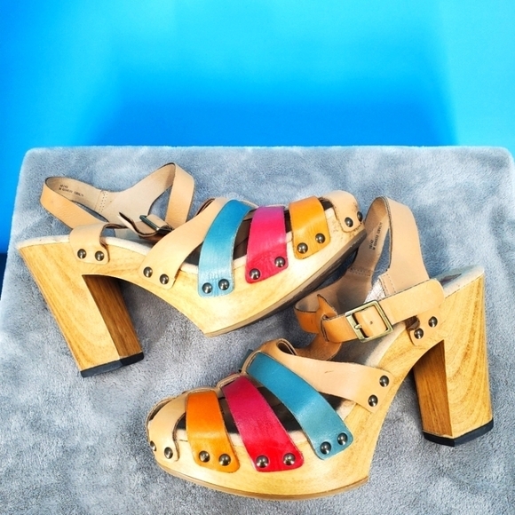 Korks multicolor leather strap wood platform heels 10 - Picture 1 of 16